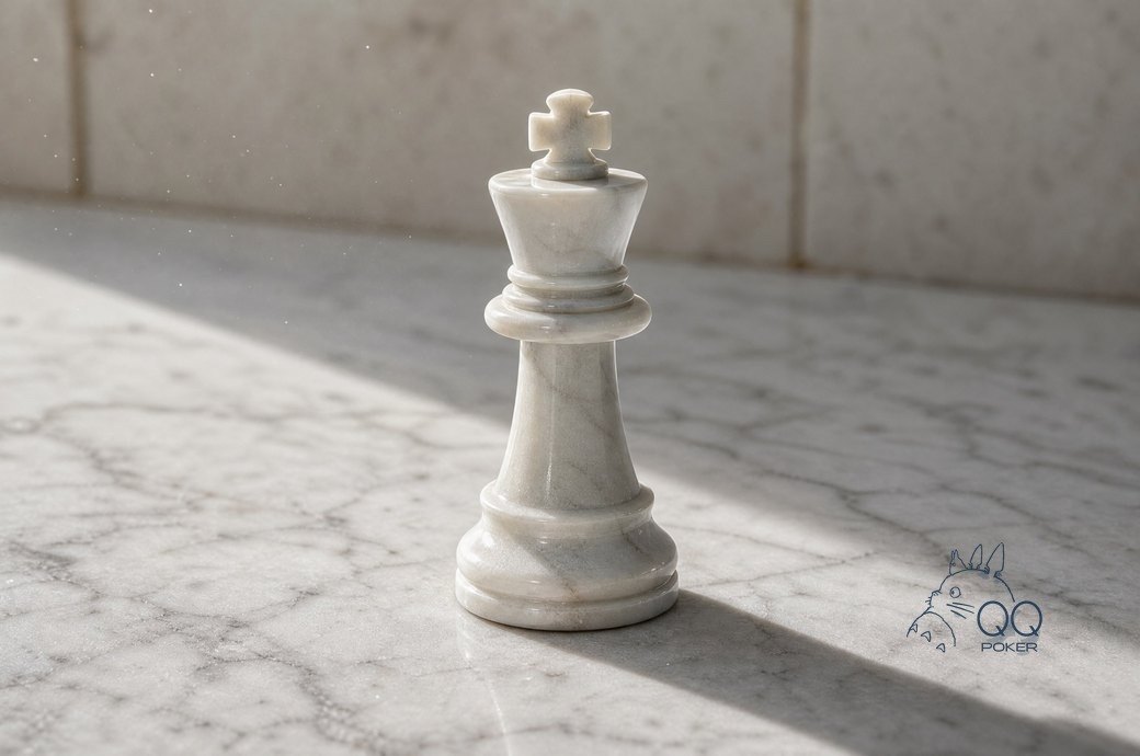 白灰大理石台面上立着一枚白色大理石国际象棋王棋子
